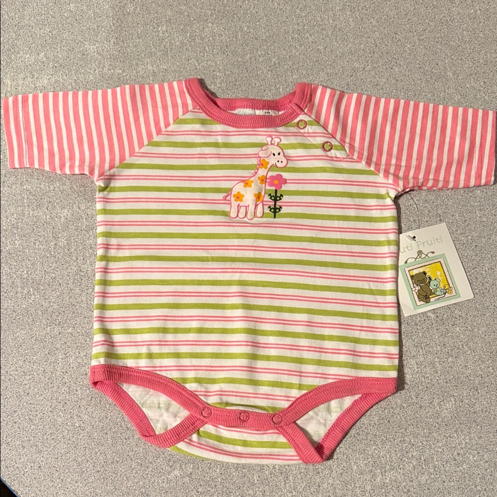 Striped Pink and Green Baby Bodysuit with Giraffe